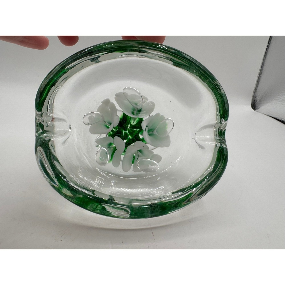Joe St Clair Art Glass Ashtray Trinket Dish Green White Floral Controlled Bubble